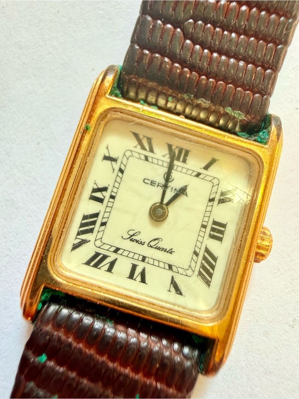 Gold  Swiss Quartz Certina Dress Watch Lizard Strap As- Is no battery
